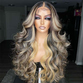 Body Wave Black Human Hair Wigs With Brown And Blonde Highlights